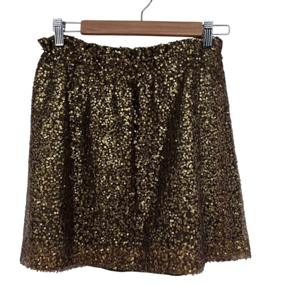 J Crew Sequined Gold Pull On Mini Skirt with‎ Pockets Size 6